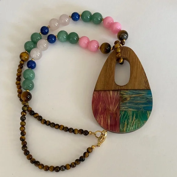 Lee Sands Multi Stone Bead Necklace with Wooden Pendant - Picture 3 of 6